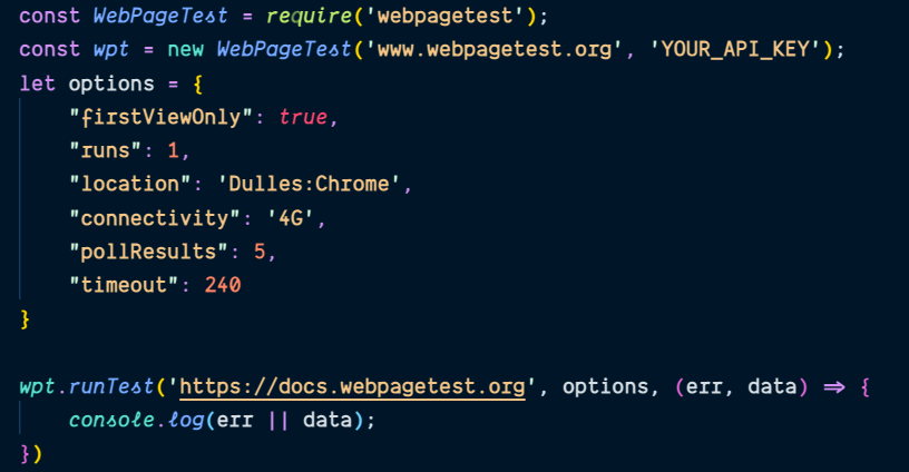Screenshot of sample code from the Node.JS wrapper