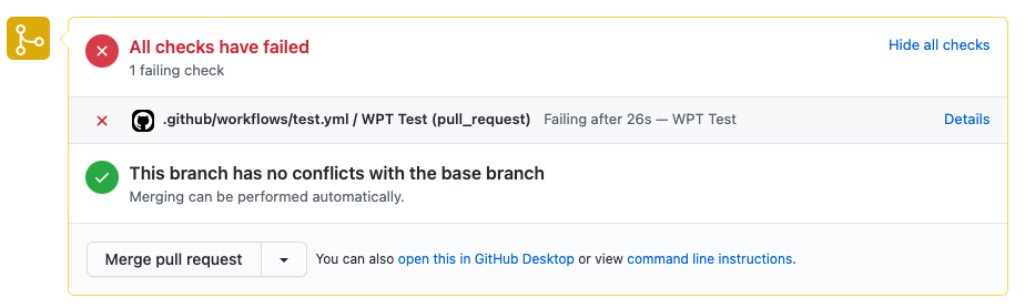 Screenshot of GitHub showing a WebPageTest action failing due to a blown performance budget