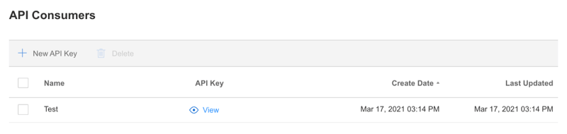 Screenshot of the API Consumers section of the account dashboard, showing the name of the key, a link to reveal the key itself, and the dates the key were created and last updated.