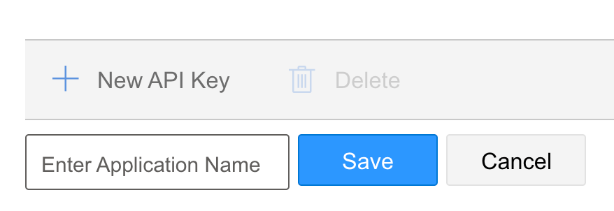 Screenshot showing the 'New API Key' button, with a text field under it to enter the application name, along with a save button