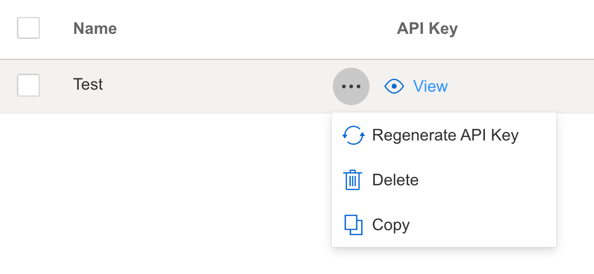 Screenshot showing a contextual menu next to the name of your API key, letting you choose to Delete the key, Regenerate the key, or copy the existing key.