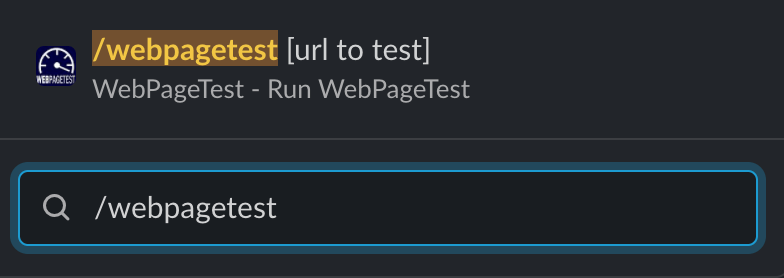 Screenshot from Slack showing the WebPageTest bot being triggered by running /webpagetest